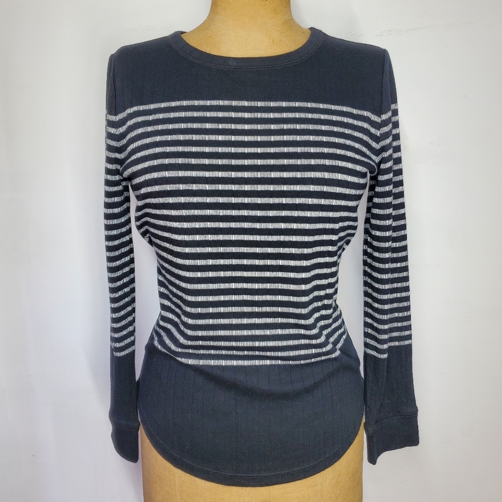 T by Talbots Size M Sweater Crew Neck Black White Stripe Tight Knit Long Sleeve